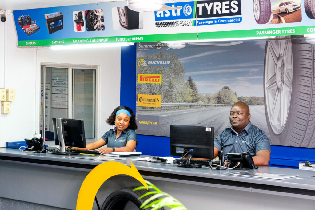 The front desk of Astro Tyres with 2 receptionists